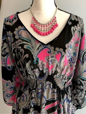 Nicole Miller Hot Pink Paisley Butterfly Sleeve Lightweight Blouse Top